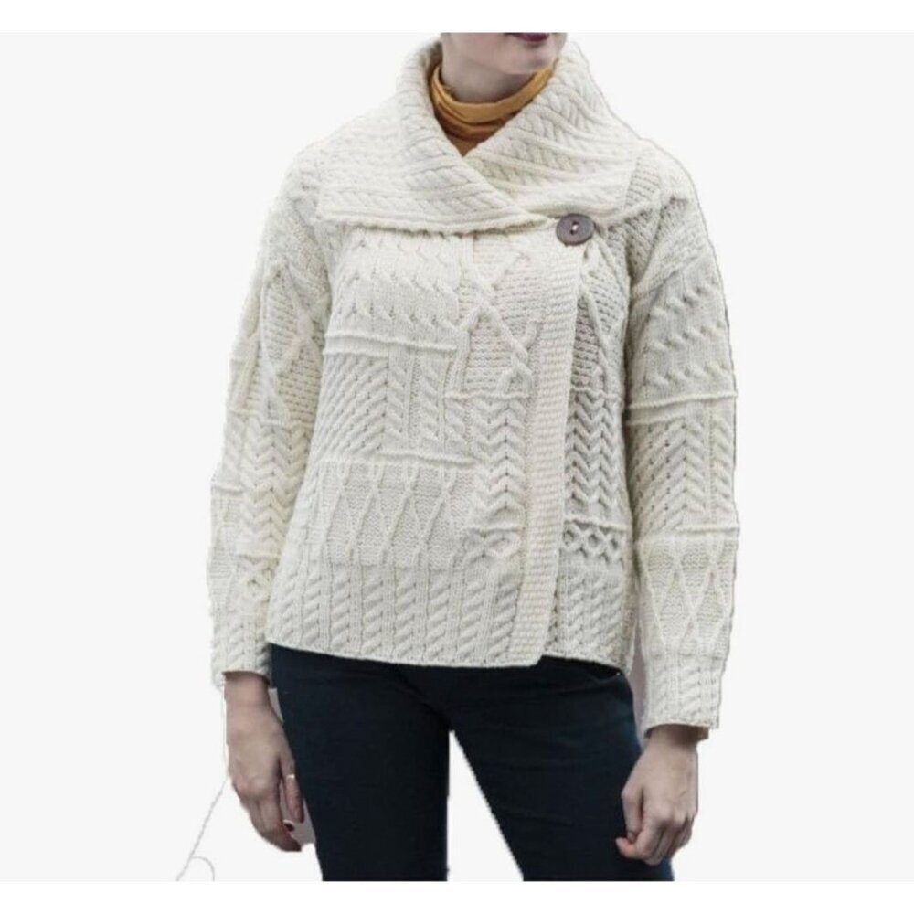 Carraigdonn Cream Irish 100% Merino Wool Knit Fisherman Sweater Womens Small